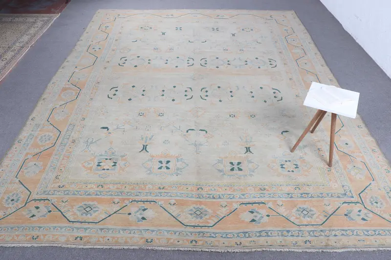 手作りのオレンジとブルーのラグ、0.8x12.6フィートのボタニカルデザイン