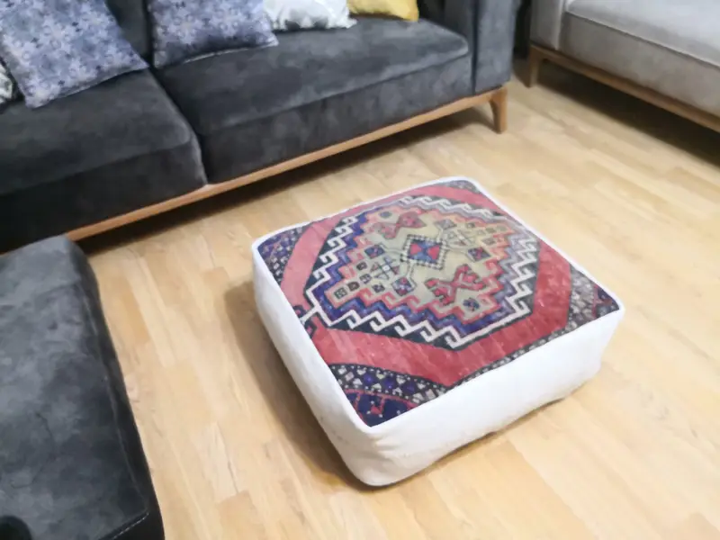 Handmade Kilim-Inspired Wool Pouf, Multi-Purpose Red & Bronze Pouf
