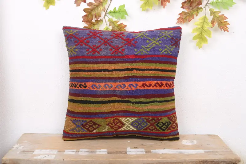 Handgefertigtes besticktes blaues und grünes Wurfkissen, Vintage gestreiftes Kissen