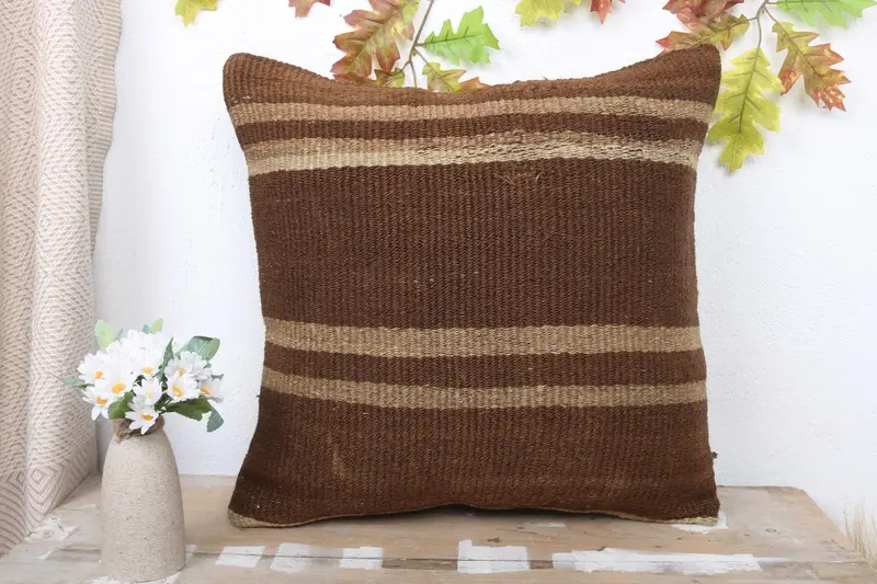 Kilim Pillow Cover, Antique Pillows, Ethnical Kilim Rug Pillow, 20x20 Brown Cushion, Chair Cushion Cover, Ottoman Cushion Case, Pillow - 2