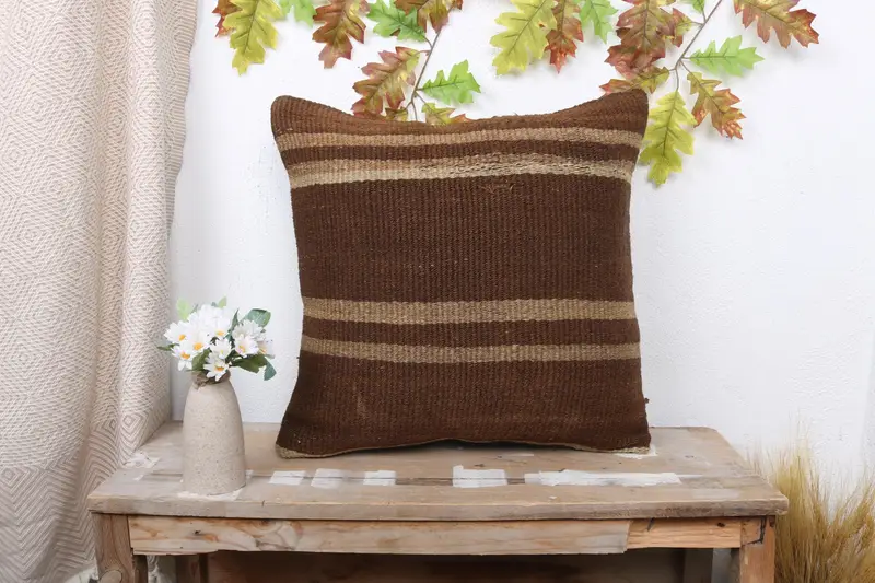 Kilim Pillow Cover, Antique Pillows, Ethnical Kilim Rug Pillow, 20x20 Brown Cushion, Chair Cushion Cover, Ottoman Cushion Case, Pillow - 1
