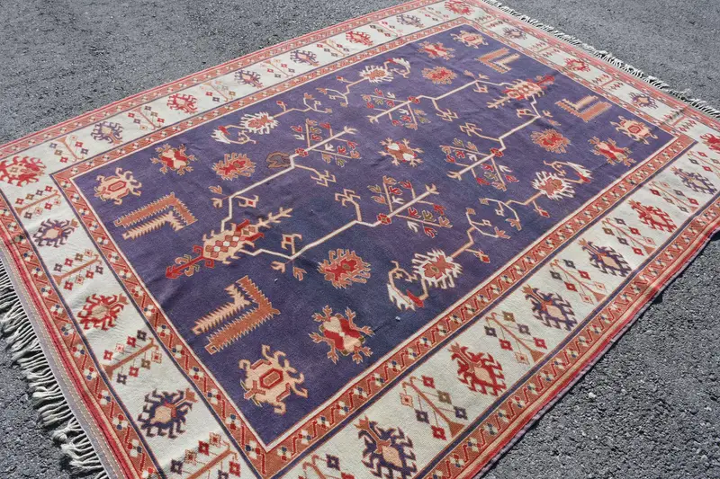 Vintage Türk Halısı 6.4x8.8 ft, Mavi Oushak Bordürlü Halı - 1