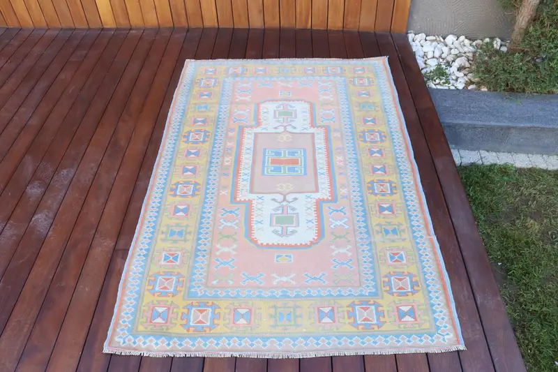 3.6x5.2 ft Halı, Vintage Türk Vurgulu Halı, Mavi Oushak Yün Halı - 1