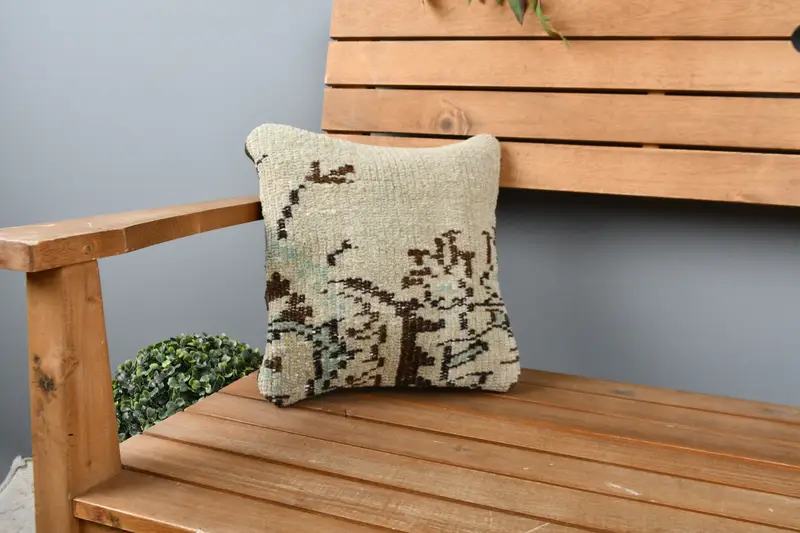 Hippie Throw Pillow Sham, 12x12 Beige Pillow Sham, Turkish Pillow, Vintage Pillow, Vintage Kilim Pillow, Cushion Cover, Knitted Pillow Case - 1
