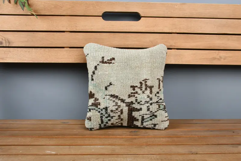 Hippie Throw Pillow Sham, 12x12 Beige Pillow Sham, Turkish Pillow, Vintage Pillow, Vintage Kilim Pillow, Cushion Cover, Knitted Pillow Case - 6