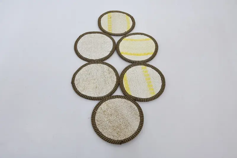 Woven Hemp Pad, Beige and Yellow Round Coaster