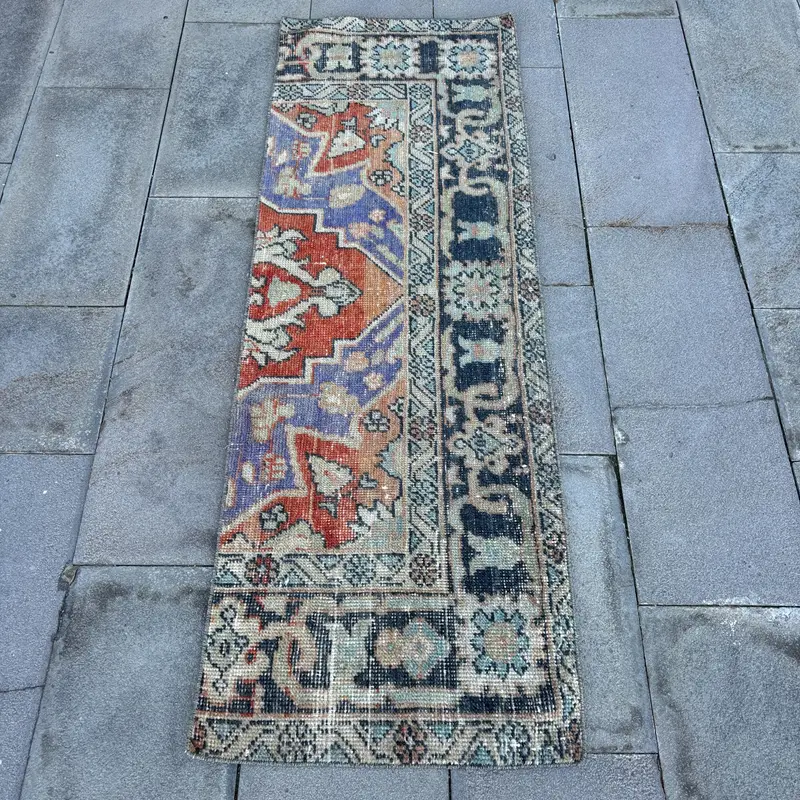 Vintage Oushak Runner Rug 1.9x5.5 ft (57x167 cm), Turkish Blue Oriental Wool Rug - 1