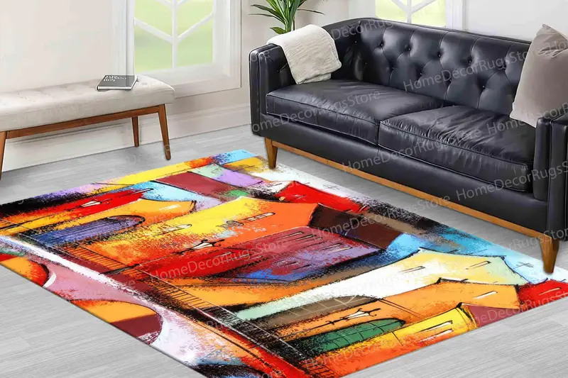 Colorful City View Printed Rug: Modern Abstract Urban Design