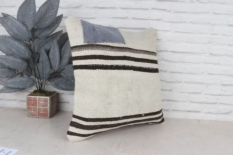Handmade Rug Seat Cushion, Kilim Pillow, Pillow Case, Art Deco Pillow, 20x20 White Cushion Case, Vintage Kilim Throw Pillow, Vintage Pillow - 4