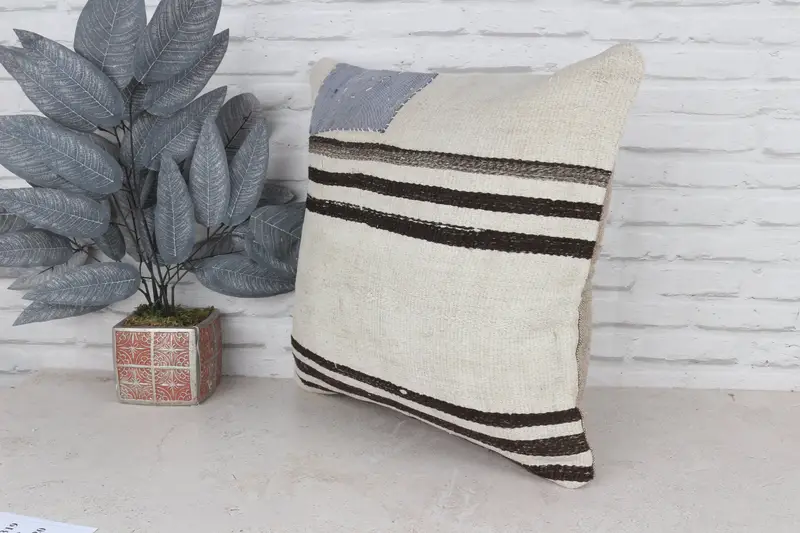 Handmade Rug Seat Cushion, Kilim Pillow, Pillow Case, Art Deco Pillow, 20x20 White Cushion Case, Vintage Kilim Throw Pillow, Vintage Pillow - 5