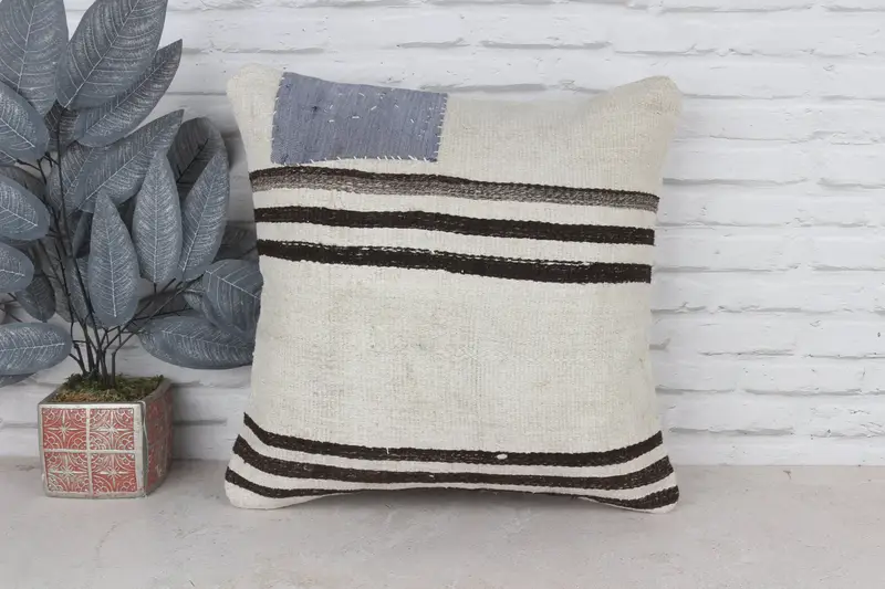 Handmade Rug Seat Cushion, Kilim Pillow, Pillow Case, Art Deco Pillow, 20x20 White Cushion Case, Vintage Kilim Throw Pillow, Vintage Pillow - 1