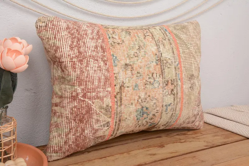 Beige & braunes Patchwork-Wurfkissen, Vintage besticktes Kissen