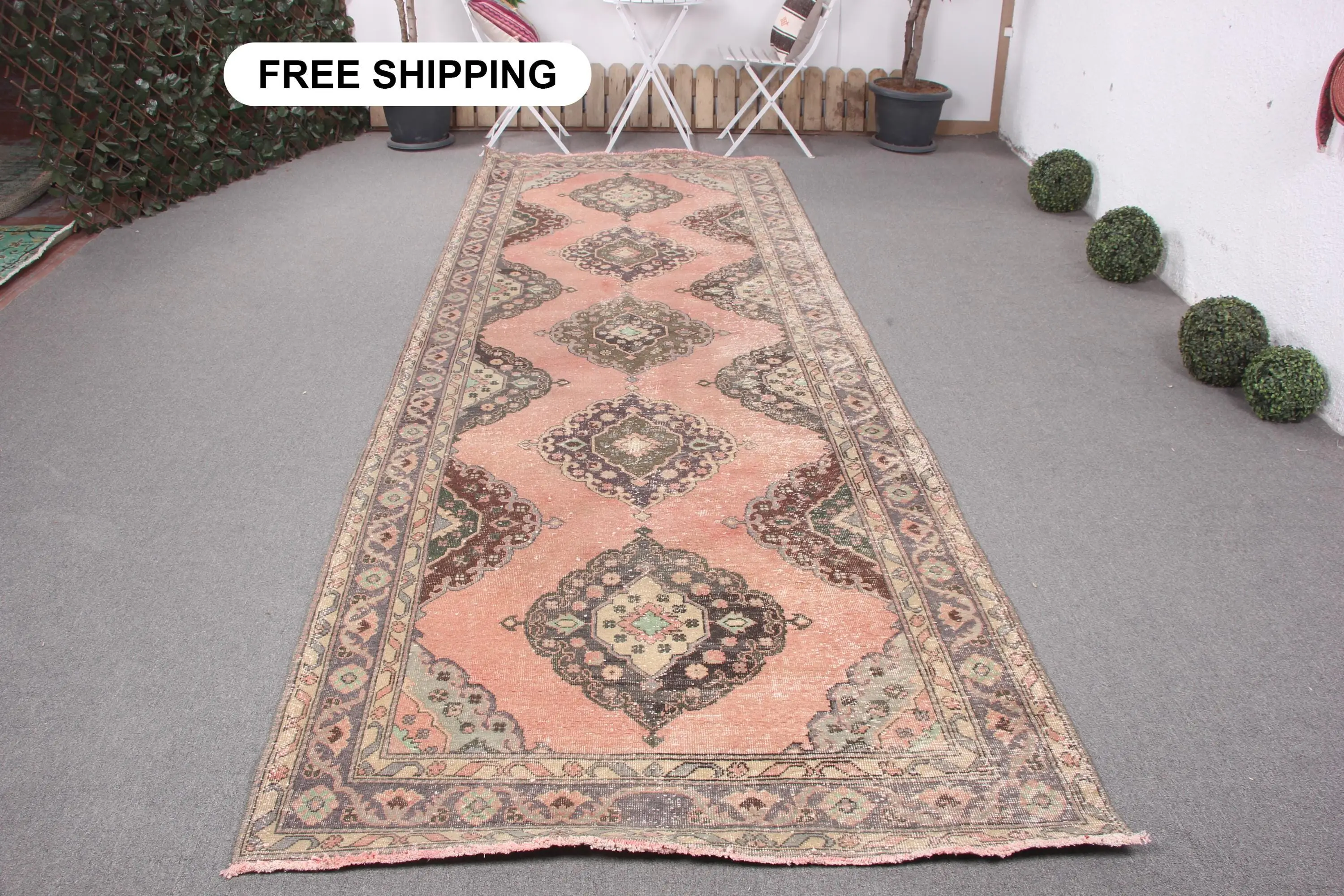 Vintage 4.6x13 ft Rug, Turkish Rug, Red Solid Rug Wool - 1