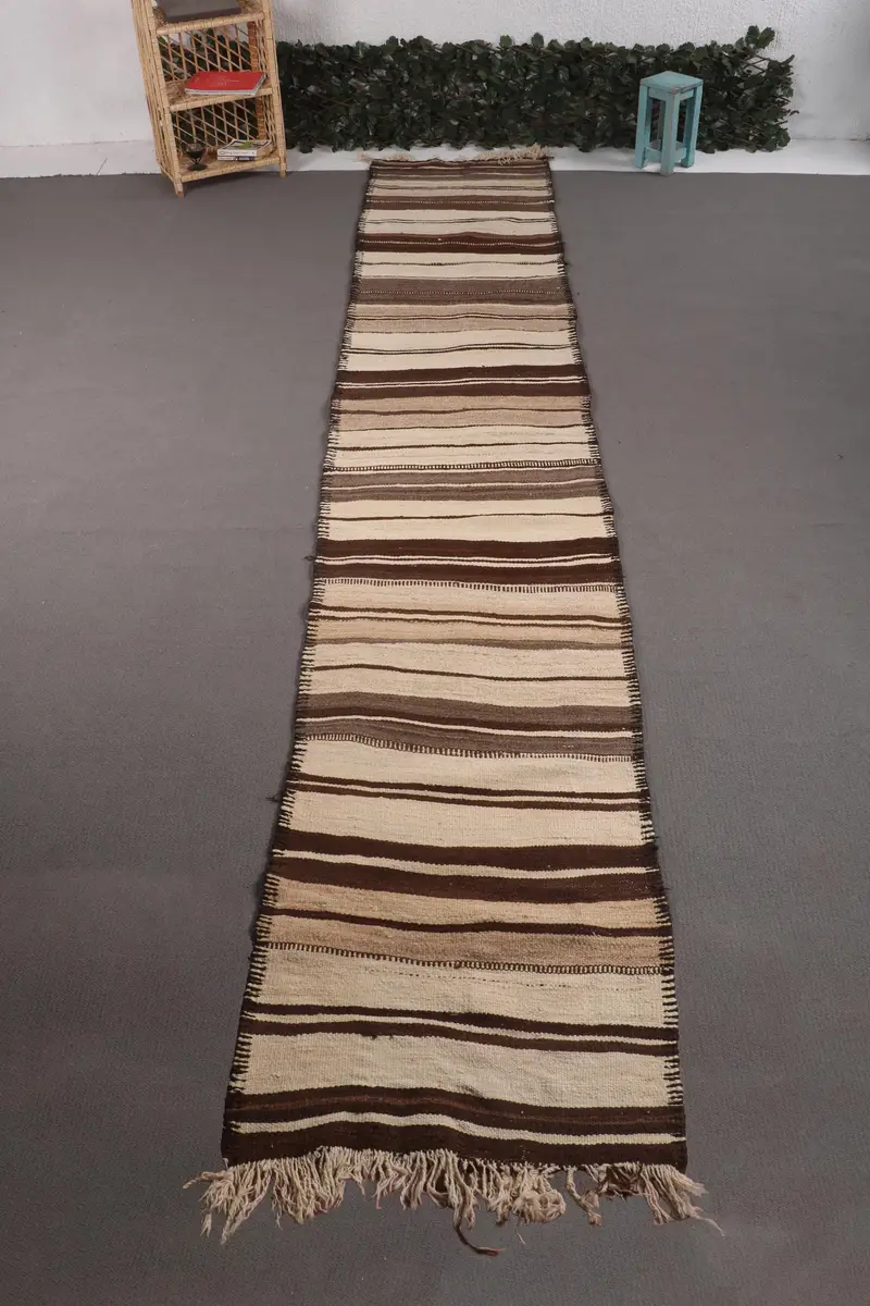 Türk Halısı, 2.6x14.6 ft Yolluk Halısı, Bej Oryantal Yün Vintage Halı - 1