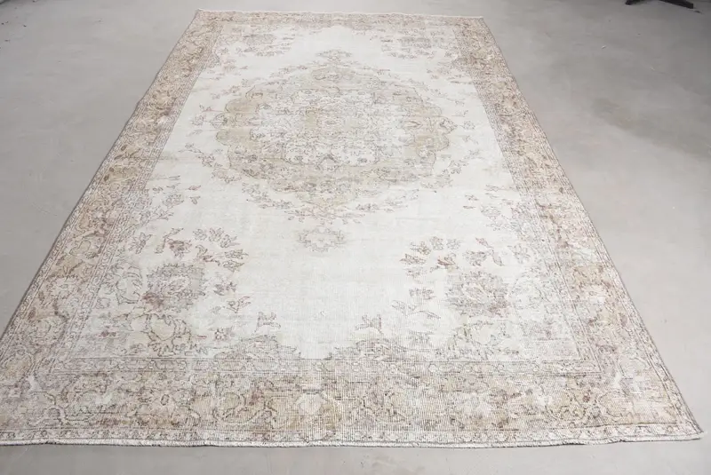 6.5x10.5 ft Turkish Large Rug, White Brown Vintage Moroccan Wool Rug - 1