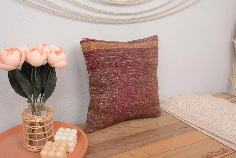 Cushion Cover, Handmade Throw Cushion, Kilim Cushion Sham, 14x14 Red Pillow, Home Decor Pillow, Interior Designer Pillow, Toss Pillow Sham - 1
