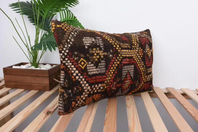 Ethnical Kilim Rug Pillow, Pillow for Sofa, Authentic Cushion Case, Pillow Sham, 16x24 Yellow Cushion, Kilim Pillow Cover - 4