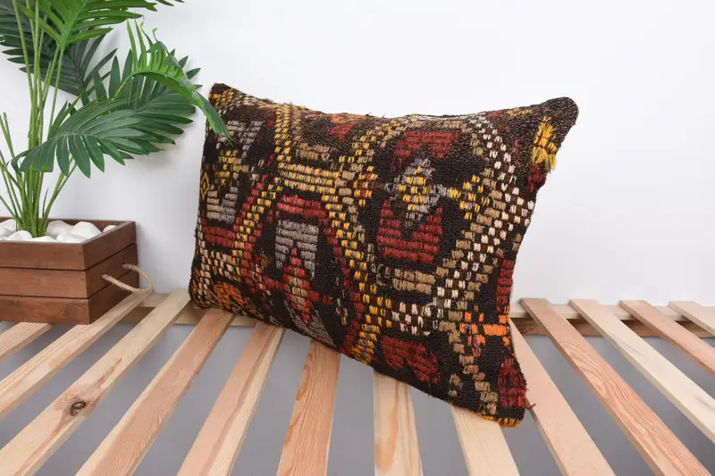 Ethnical Kilim Rug Pillow, Pillow for Sofa, Authentic Cushion Case, Pillow Sham, 16x24 Yellow Cushion, Kilim Pillow Cover - 5
