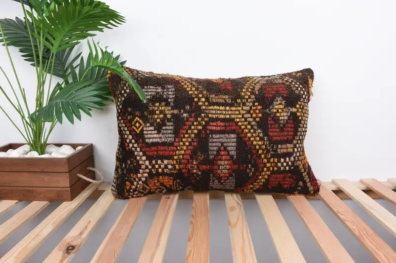 Ethnical Kilim Rug Pillow, Pillow for Sofa, Authentic Cushion Case, Pillow Sham, 16x24 Yellow Cushion, Kilim Pillow Cover - 1