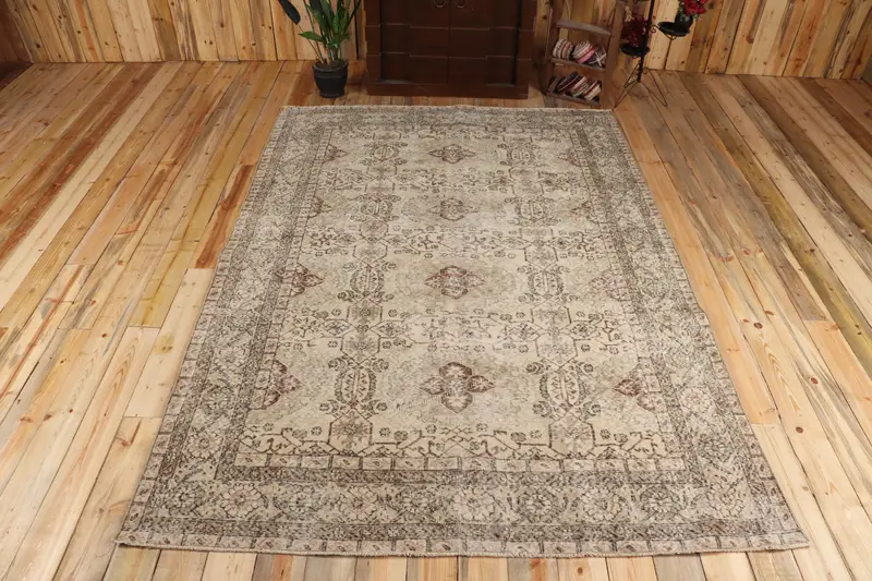 6.7x9.2 ft Rug, Turkish Vintage Rug, Brown Oushak Wool Rug - 1