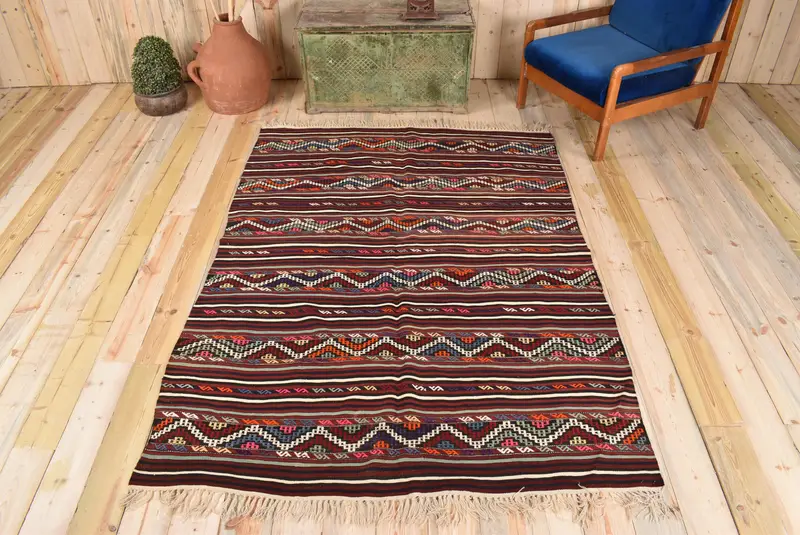 Mor ve Siyah Halı, 5,1x6,9 ft - Bitki ve Ağaç Desenli