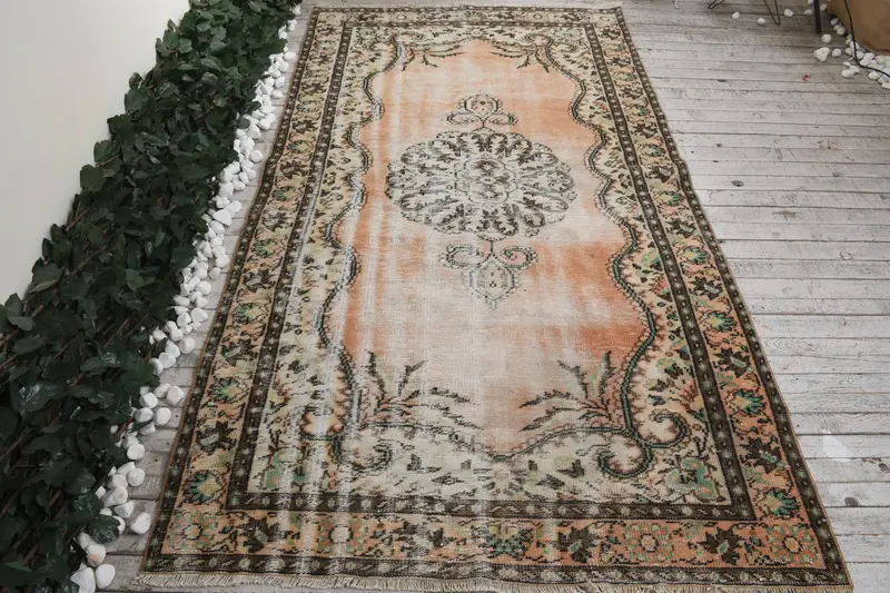 Turkish 5x9 ft Rug, Large Vintage Rug, Orange Brown Floral Rug - 1
