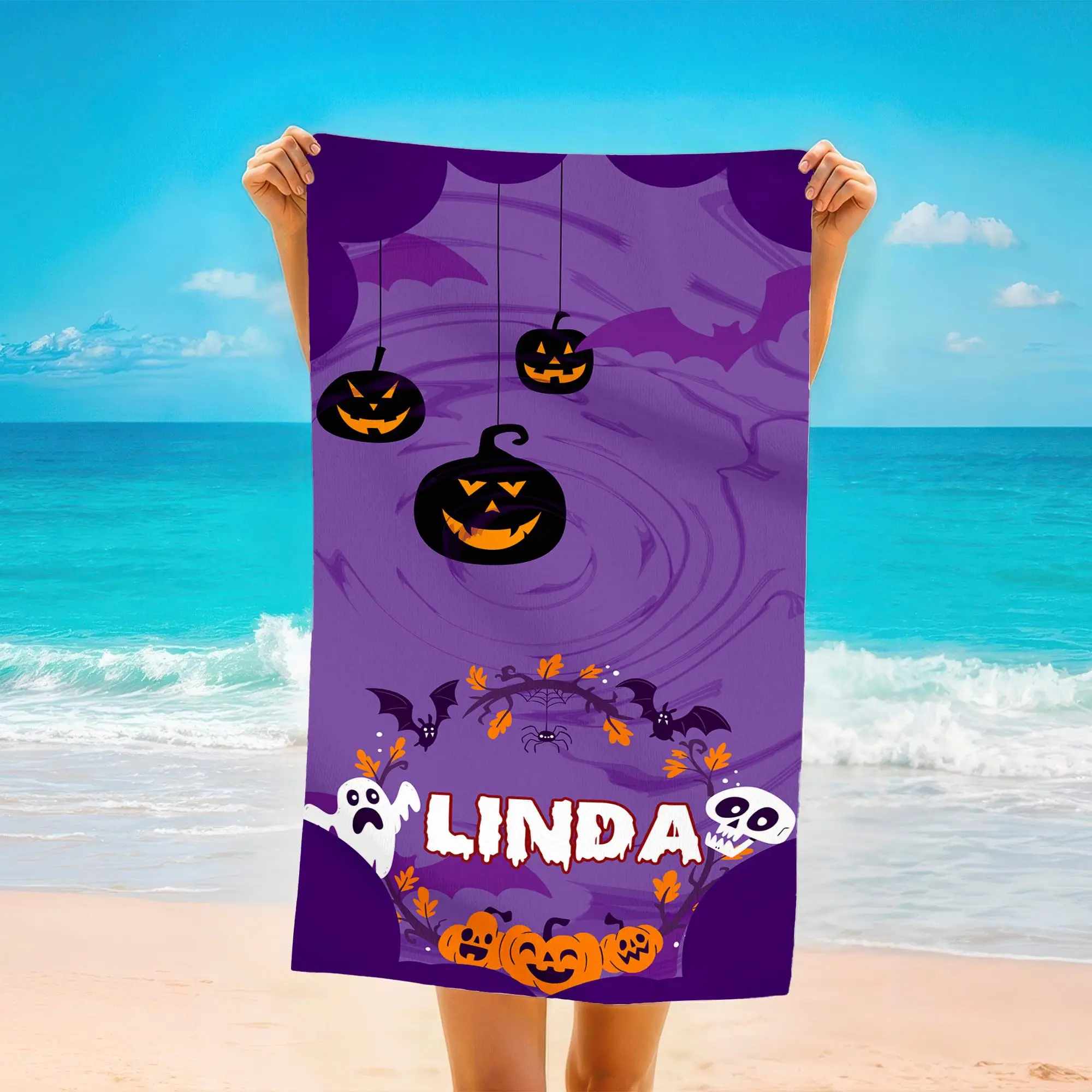Personalized Halloween Beach Towel Black Orange, 28x53 Inches - 1