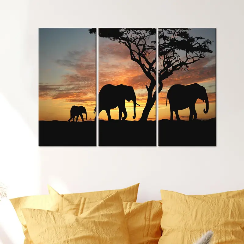 Eleganter Elefanten-Safari-Sonnenuntergang-Leinwanddruck – afrikanische Landschaft