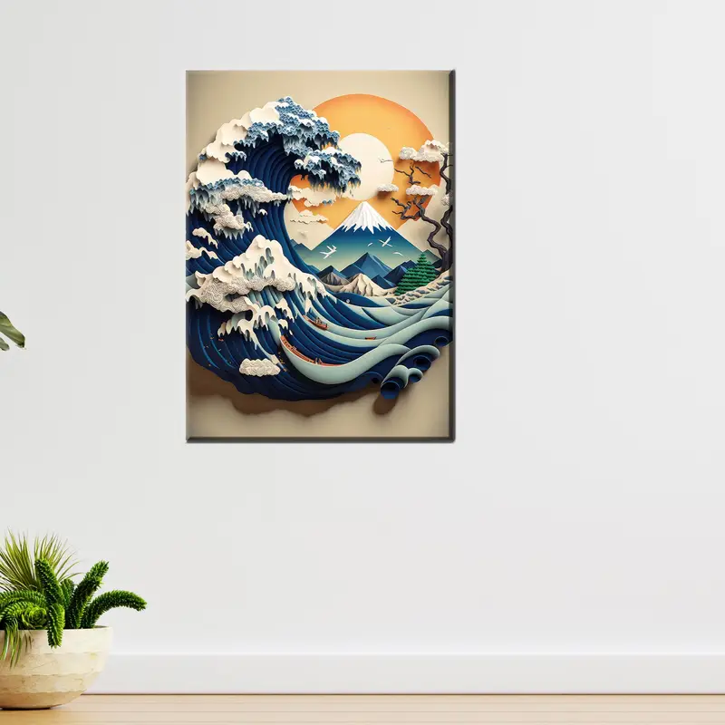 エレガントな北斎キャンバス: 抽象的な波海の風景プリント