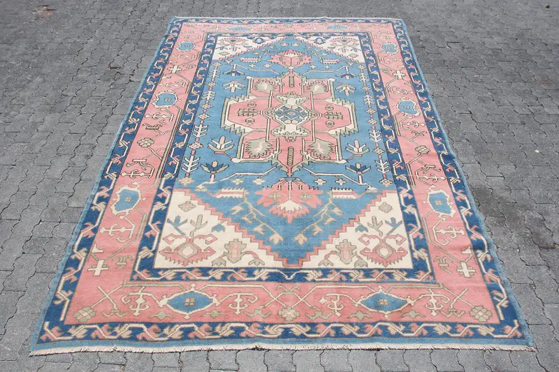 Türkischer Vintage-Teppich 6,8 x 10,5 Fuß (207 x 321 cm), Oushak-Blau-Rosa-Massivteppich - 1