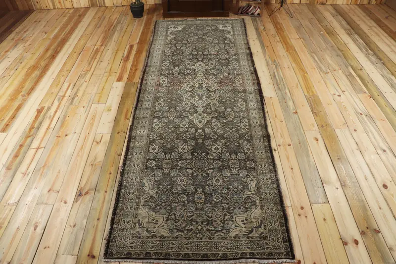 Türk Vintage Halısı, 3.9x11.5 ft Runner Halısı, Kahverengi Mavi Fas Yün Halısı - 1