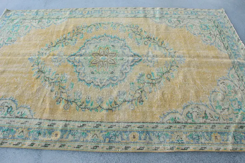 5.6x8.7 ft Türk Halısı, Vintage Büyük Halı, Sarı İkat Yün Halı - 1