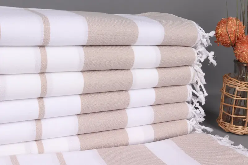 Personalized Beige Striped Beach Towel, Organic Cotton, 40x71 Inches