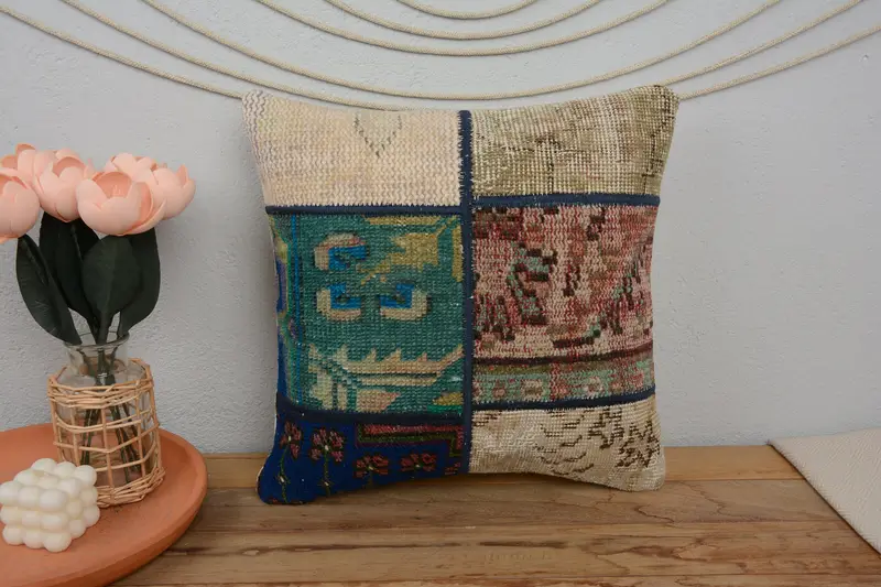 Throw Kilim Pillow, Pillow, Tapestry Pillow Cover, Ethnical Kilim Rug Pillow, 16x16 Green Pillow, Handmade Cushion Case, Turkish Kilim Pillow - 2