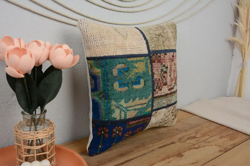 Throw Kilim Pillow, Pillow, Tapestry Pillow Cover, Ethnical Kilim Rug Pillow, 16x16 Green Pillow, Handmade Cushion Case, Turkish Kilim Pillow - 1