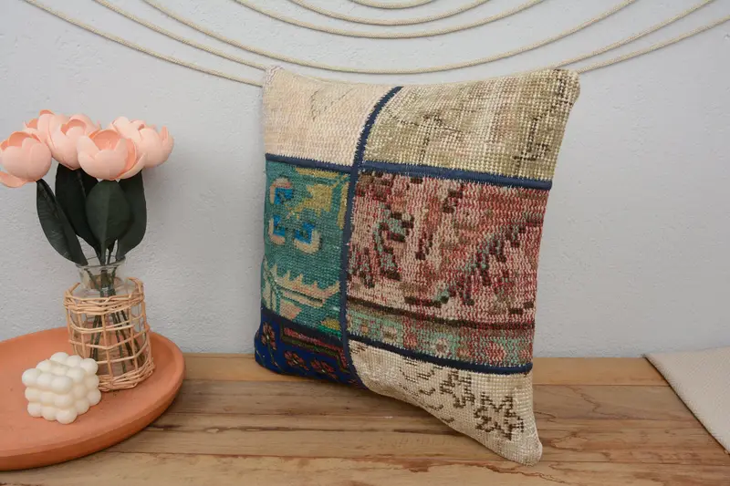 Throw Kilim Pillow, Pillow, Tapestry Pillow Cover, Ethnical Kilim Rug Pillow, 16x16 Green Pillow, Handmade Cushion Case, Turkish Kilim Pillow - 4