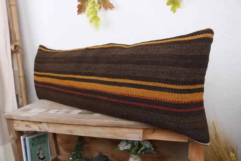 Pillow Cover, Ethnical Kilim Rug Pillow, Pillow for Couch, Living Room Throw Cushion Cover, Throw Kilim Pillow, 12x36 Brown Pillow Cover - 4
