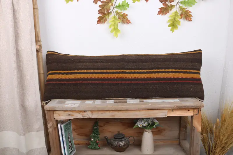 Pillow Cover, Ethnical Kilim Rug Pillow, Pillow for Couch, Living Room Throw Cushion Cover, Throw Kilim Pillow, 12x36 Brown Pillow Cover - 1
