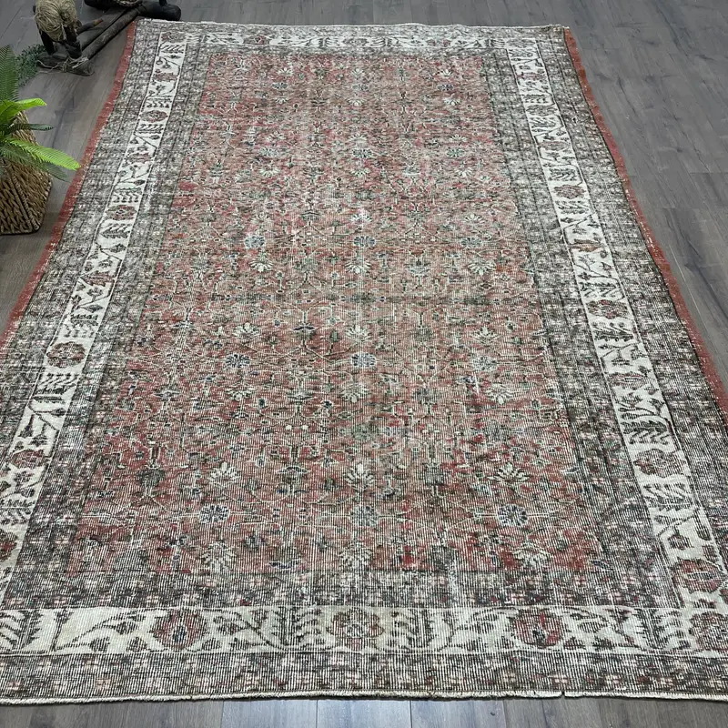 Alfombra vintage turca, alfombra grande de 6,7x10 pies, alfombra marrón Oushak Ombré - 1