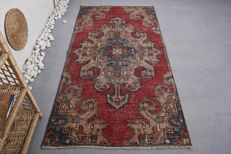 Kırmızı ve Mavi Oryantal Halı, 3,6x7 ft Zarif Dekor