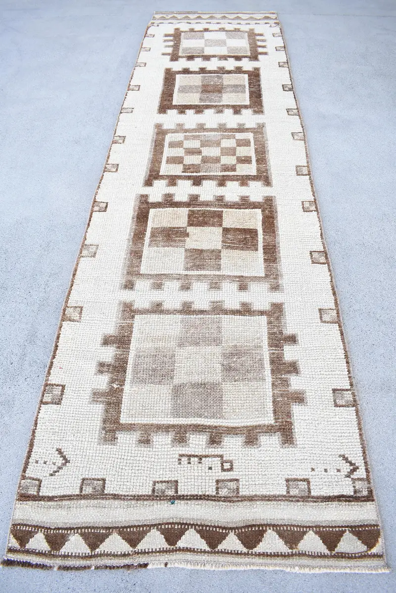 3x11.5 ft Turkish Herki Rug, Beige Ikat Vintage Wool Rug - 1