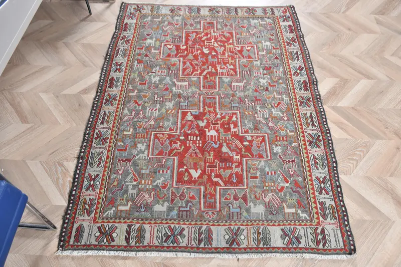 3.6x5 ft Vintage Türk Halısı, Accent Halı, Kilim Kırmızı Yün Halı - 1