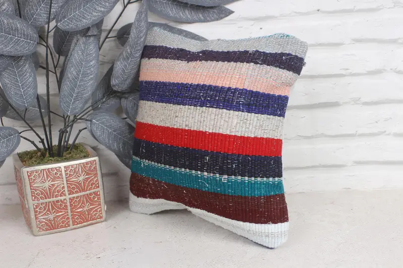 Vintage Kilim Throw Pillow, Cushion, 12x12 Blue Pillow, Vintage Pillow, Aztec Pillow Cover, Retro Pillow, Ottoman Cushion Cover, Kilim Pillow - 3