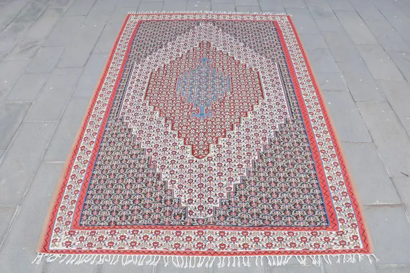 Kırmızı ve Mavi Çiçekli Halı, 6.4x9.9 ft Zarif Dekor