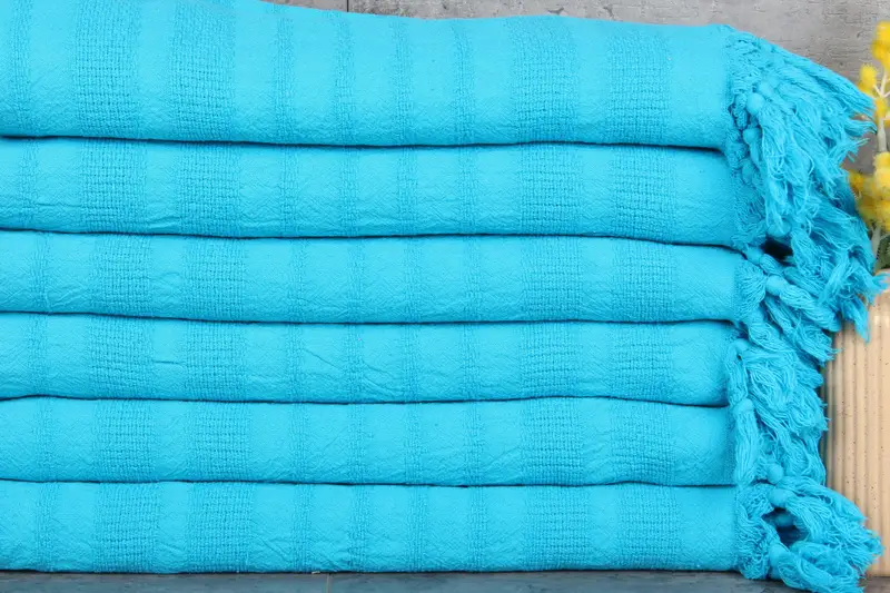 Custom Turkish Towel Turquoise Stonewashed Striped, Organic Cotton, 67x36 Inches