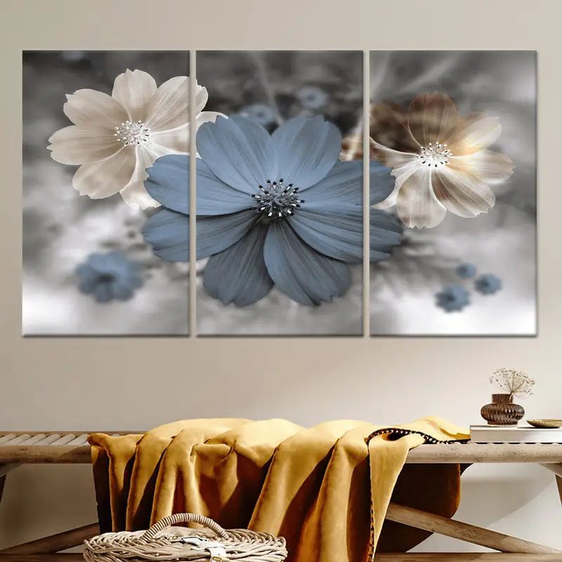 Zarif Modern Kanvas: Mavi Lüks Çiçekler Baskılı Sanat