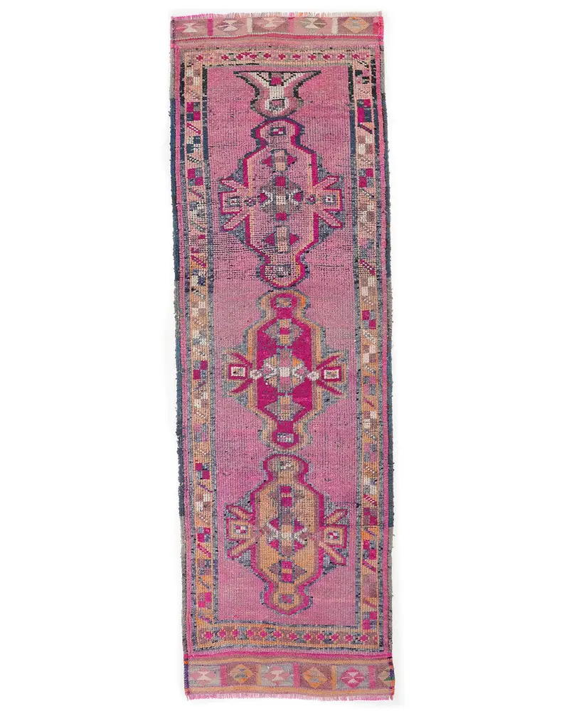 Pembe & Mavi Halı, 3,2x10,4 ft Botanik Tasarım
