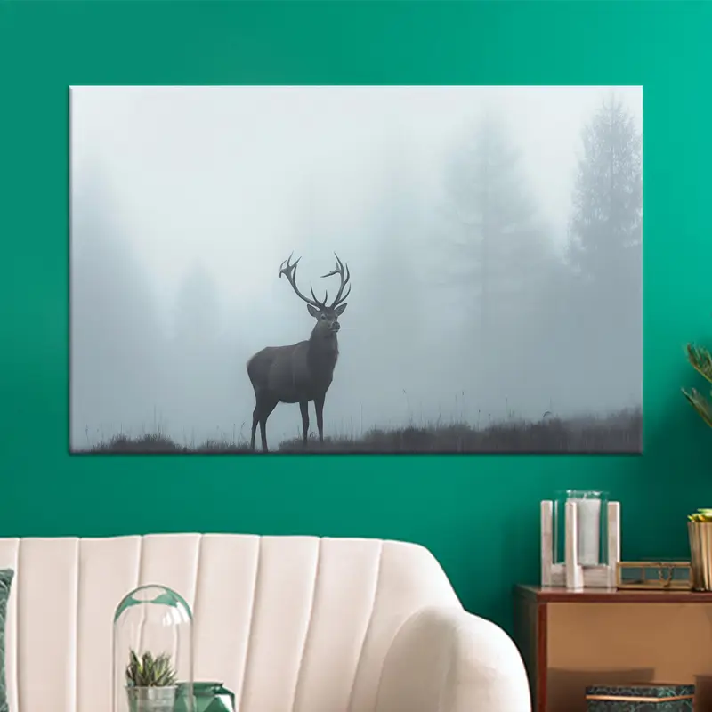 Bezaubernde Leinwand mit Hirschlandschaft: Genießen Sie das neblige Wetter