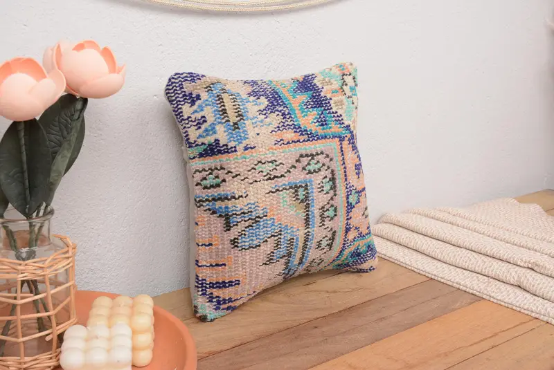 Blau & Orange besticktes Wurfkissen, Vintage handgemachtes Kissen