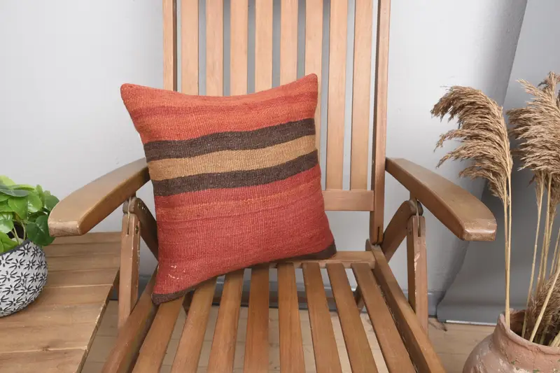 Christmas Cushion, Antique Pillows, Aesthetic Cushion Case, 16x16 Red Cushion, Kilim Pillow, Gift Pillow, Pillow - 1